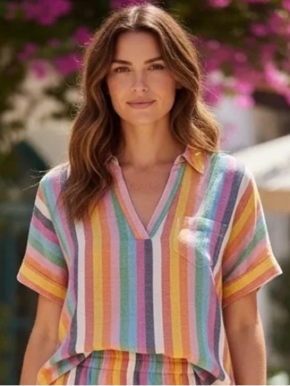 J. Crew Relaxed Short Sleeve 100% Linen Popover Top in Rainbow Stripe. Size M